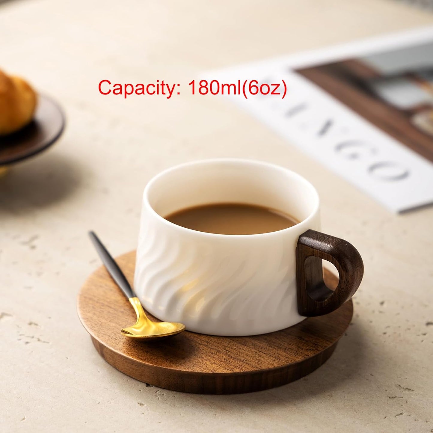 GLLead White Tea Cup and Saucer Set Ceramic Espresso Coffee Cup with Wooden Plate Stainless Spoon 6oz Set of 1 (GL-CS02)