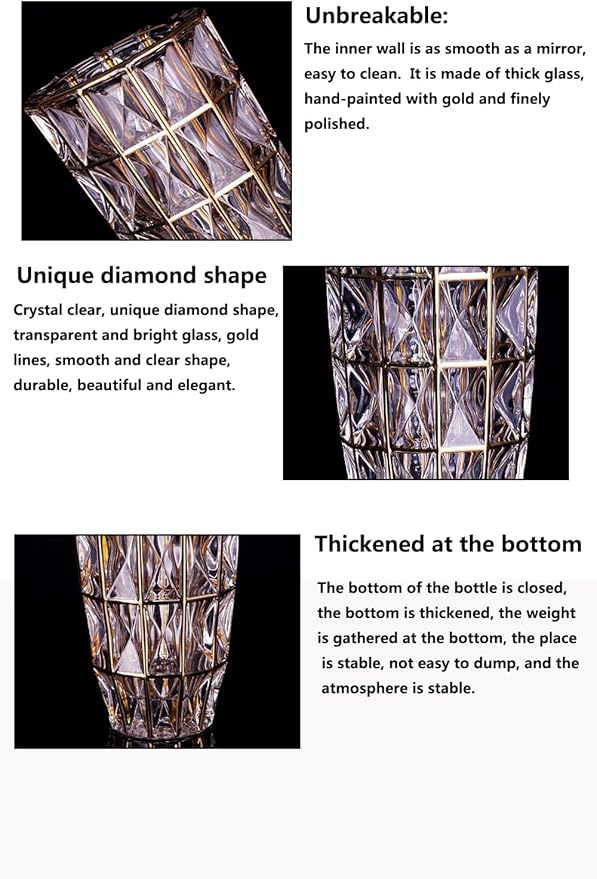 Hand Painted Gold Unique Diamond-Shaped Glass Flower Vase 11.8" Tall for Home Decor, Dining Wedding Table Office Holiday Party Centerpiece Decoration.