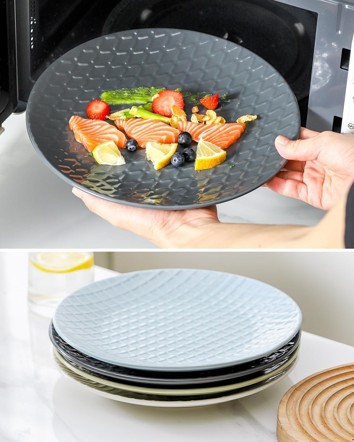 Hasense Dinner Plates, 10 Inch Ceramic Dishes Set of 4 for Kitchen, Embossed Porcelain Plates for Restaurant, Microwave Oven and Dishwasher Safe, Colorful