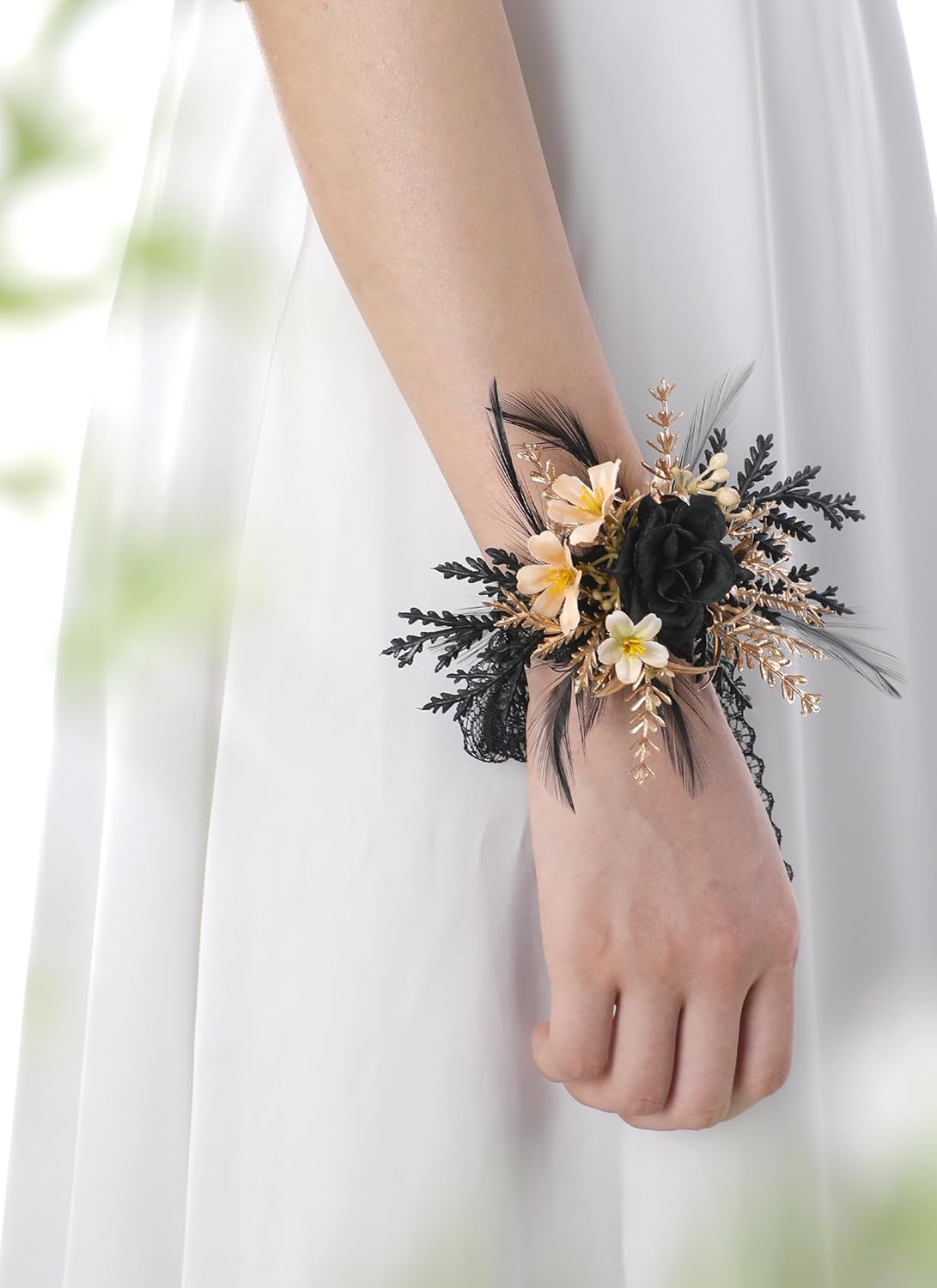 Corsage and Boutonniere Set - Black Wristlet for Men Prom Dark Wrist Corsage for Goth Wedding Ceremony