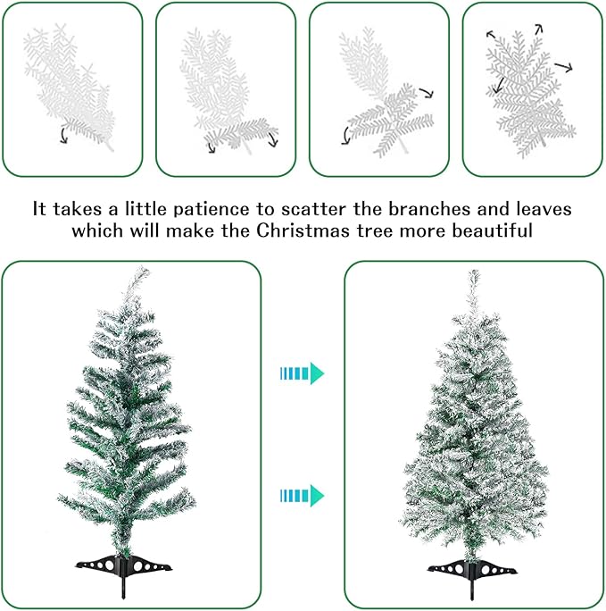 3FT Artificial Christmas Tree Green Tabletop Christmas Tree with Snow Flocked Mini Xmas Pine Tree with Plastic Stand for Indoor Outdoor Holiday Home Decoration