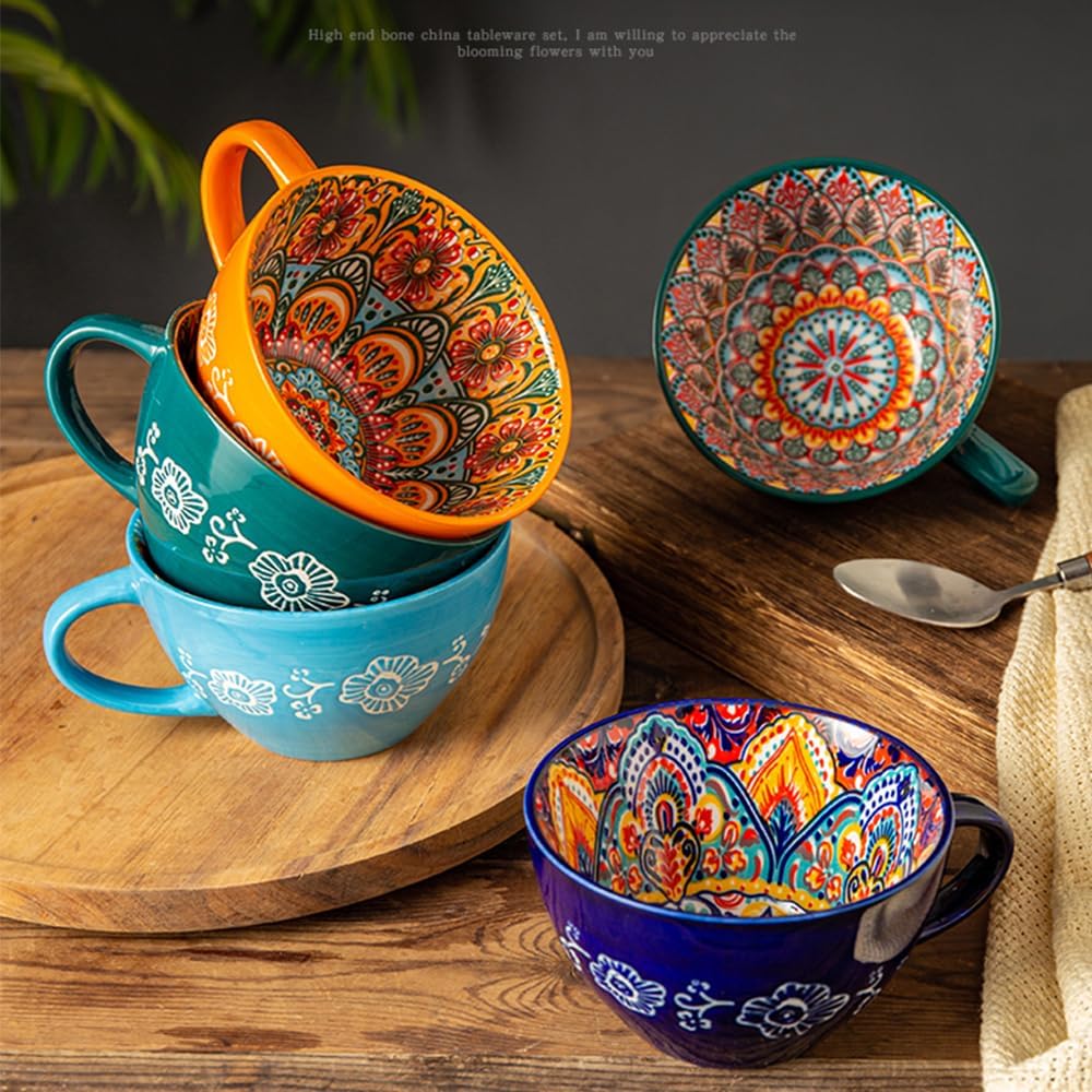 Bohemian Hand-Painted Ceramic Mug, 15 Oz Large Coffee Cup for Milk, Tea, and Breakfast, Dishwasher & Microwave Safe Artisan Cup, Green-M