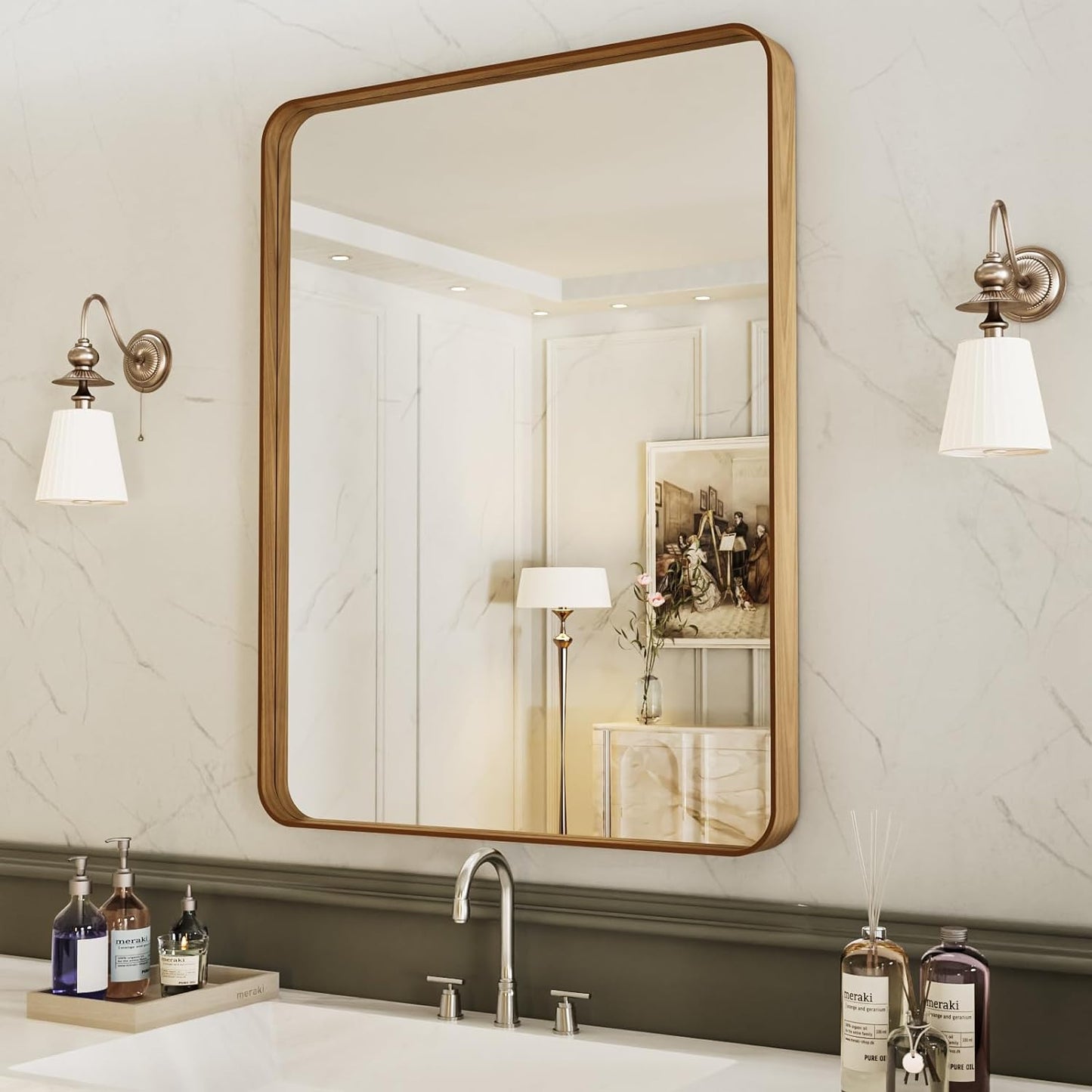 LOAAO 30X36 Inch Bathroom Mirror with Wood Grain Colored Metal Frame, Rounded Rectangle Metal Framed Bathroom Mirror, Anti-Rust, Hangs Horizontally or Vertically, Tempered Glass