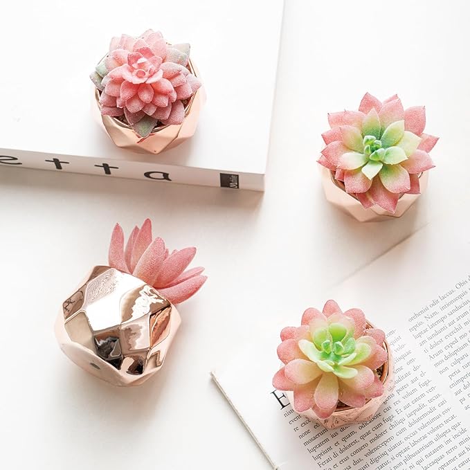 Tiita 4 Pack Artificial Faux Succulents in Pots, Mini Rose Gold Fake Plants for Women Desk, Small Realistic Faux Succulents for Home Office Accessories Window Sill Bathroom Bedroom, Rose Gold