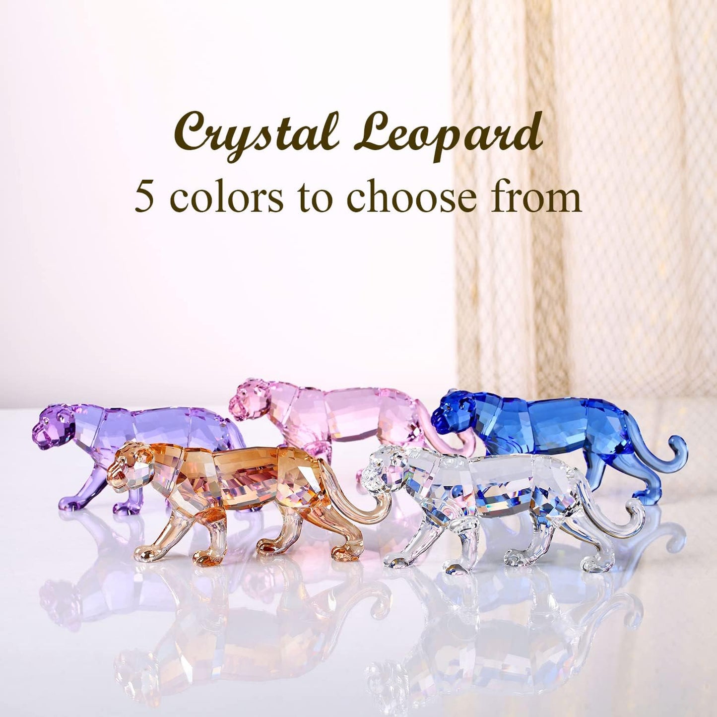 Crystal Leopard Cheetah Realistic Animal Art Figurine Collection Table top Ornament Statue Home Decor (Blue)