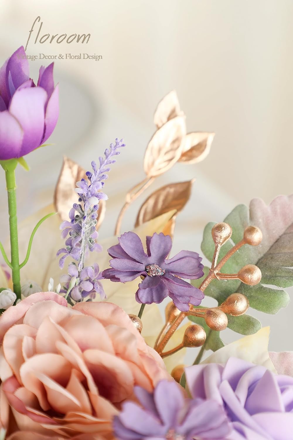 Floroom Artificial Greenery Stems Box Set, 45pcs with 9 Kinds of Faux Greenery Flowers Picks for DIY Bridal Bouquets Wedding Floral Arrangement Table Centerpieces, Lavender & Gold