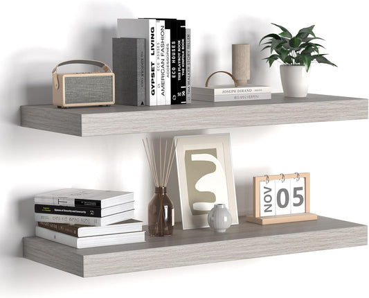 Floating Shelves - 24 Inch Rustic Wooden Wall Shelves - Extra Deeper & Thicker Wall Mounted Storage Shelf for Living Room, Kitchen, Farmhouse - 24" W x 9" D x 1.6" H - Rustic Grey, 2 Pack