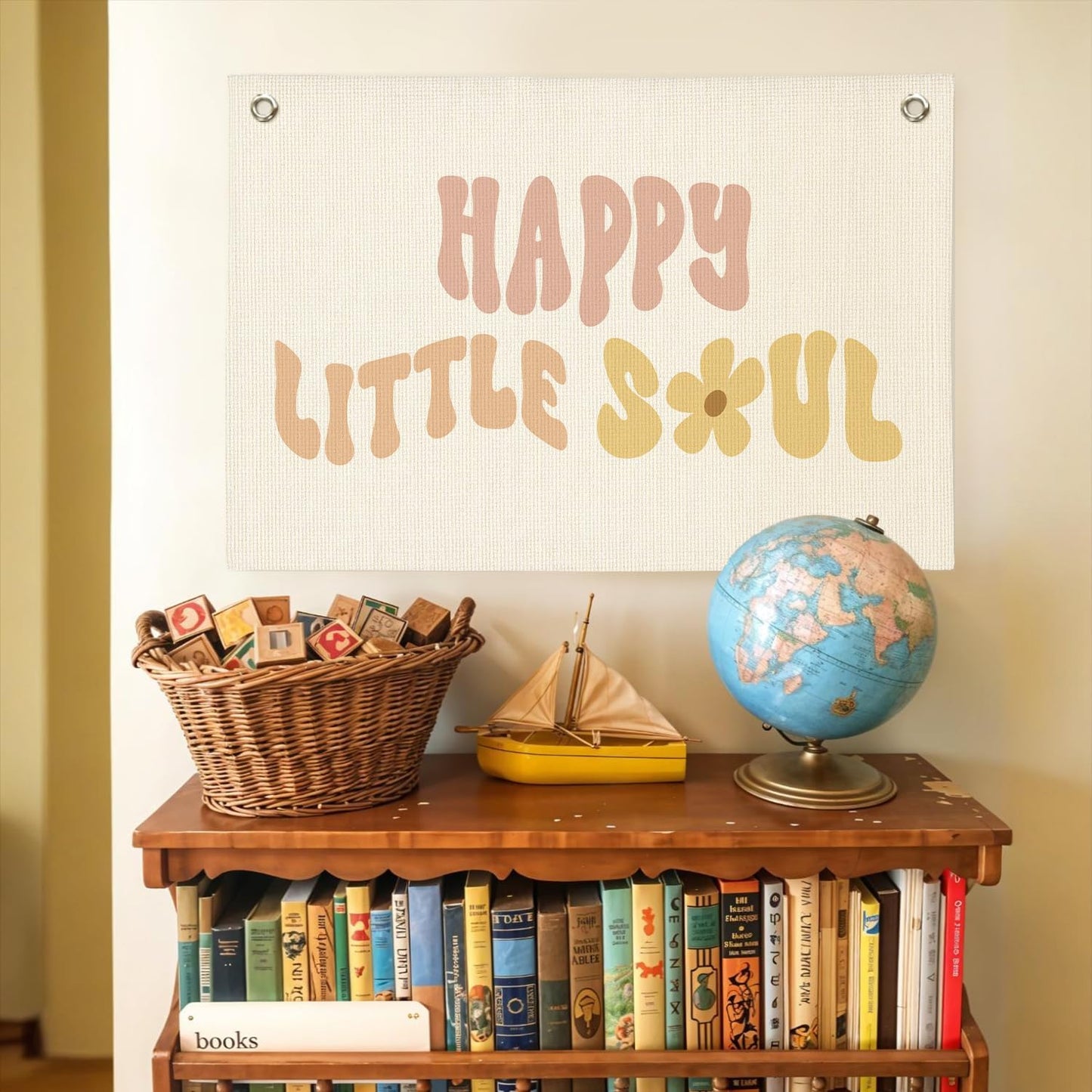 Girls Nursery Decor,Baby Girl Wall Decor,Happy Little Soul Linen Canvas Banner – Boho Inspirational Wall Hanging for Kids Room, Nursery and Playroom – 30x20 Inch