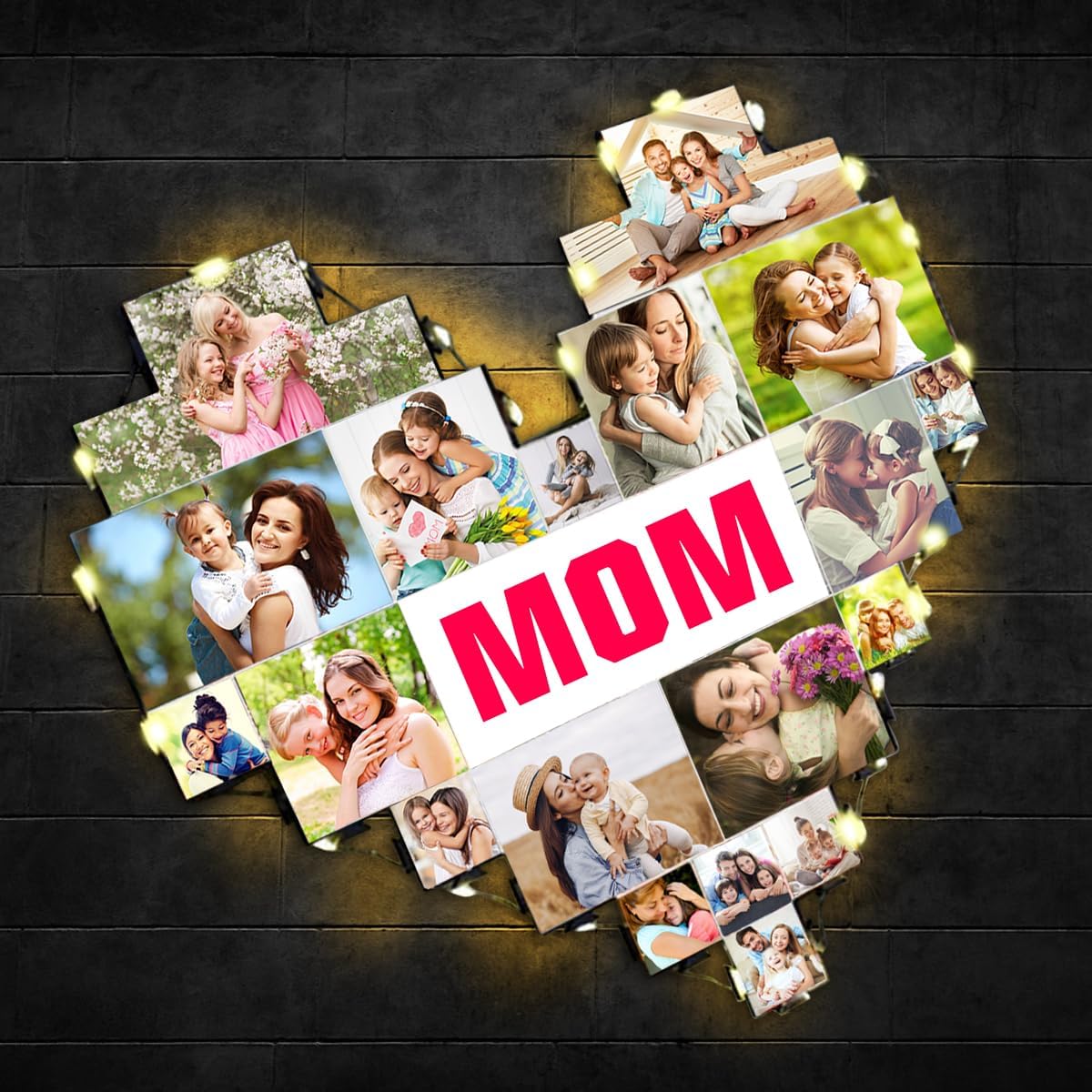Heart Picture Frames Collage with custom 15 photo Wall Hanging Picture Frame with Led Light, Multi Photo Frame Collage for Family Pictures Wall Decor Gift For Mom Dad Father Lover Wife (15photo+mom)