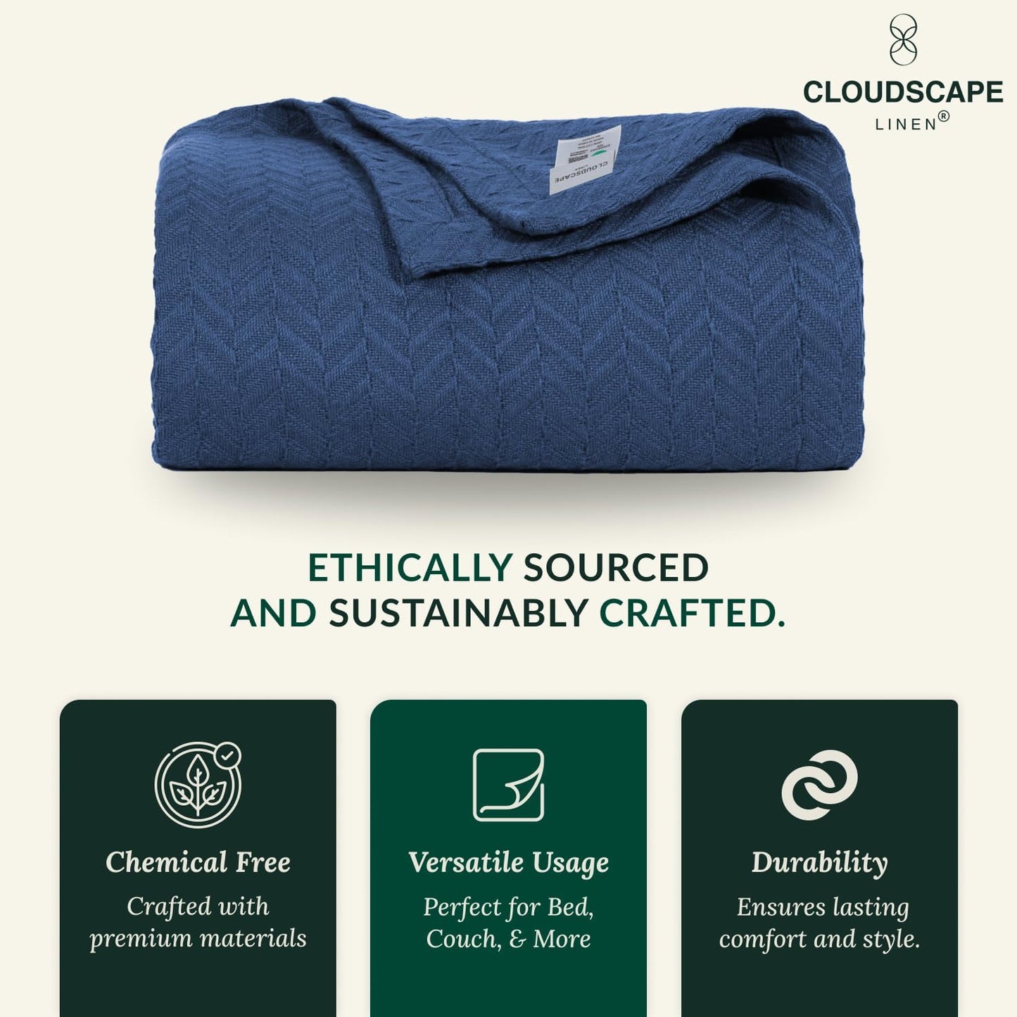 Cloud Scape Linen Herringbone Cotton Throw Blanket for Couch, Bed,Sofa, Home Decor, Soft, Lightweight, All-Season Bed Blanket, 50 x 70,Ensign Blue