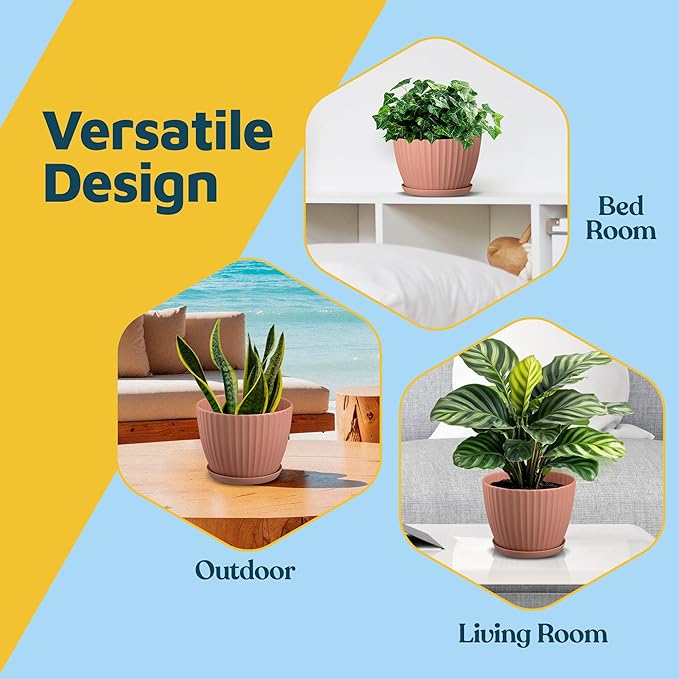 Pink 6-Inch Plant Pots with Drainage & Saucers 18 Pack, Indoor & Outdoor Planters for Houseplants, Herbs, and Flowers, Durable & Weatherproof Material, Stackable, Lightweight, Minimalist Design