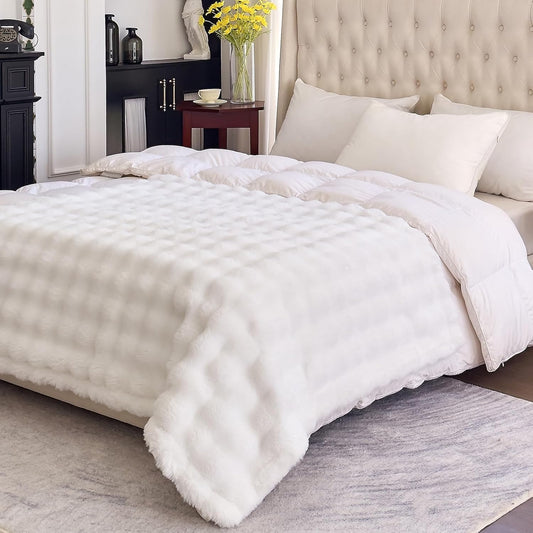 Faux Fur White Throw Blanket for Couch - Super Soft Heavy Flufyy Thick Bubble Throw Blankets for Bed Bedroom Living Room Farmhouse Sofa Chair Fall Winter Warm, 90x90 Inch