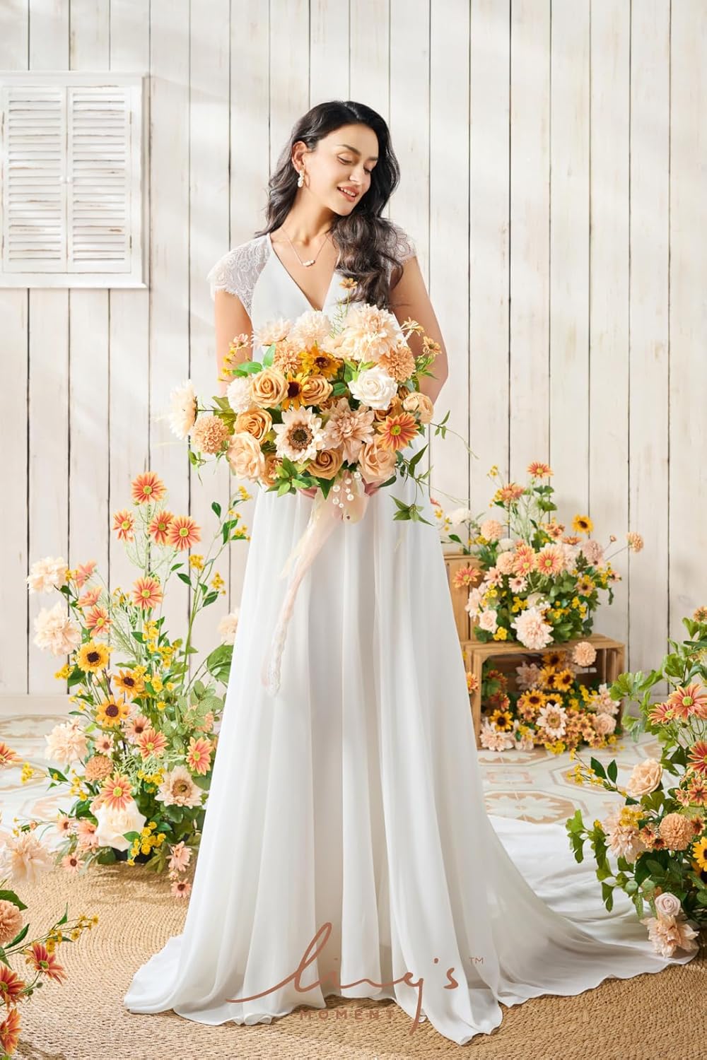 Ling's moment Sunflower Bridal Bouquet, Orange Wedding Bouquets for Bride, 15 Inch Silk Free Form Bridal Bouquets Artificial Wedding Flower Bouquet