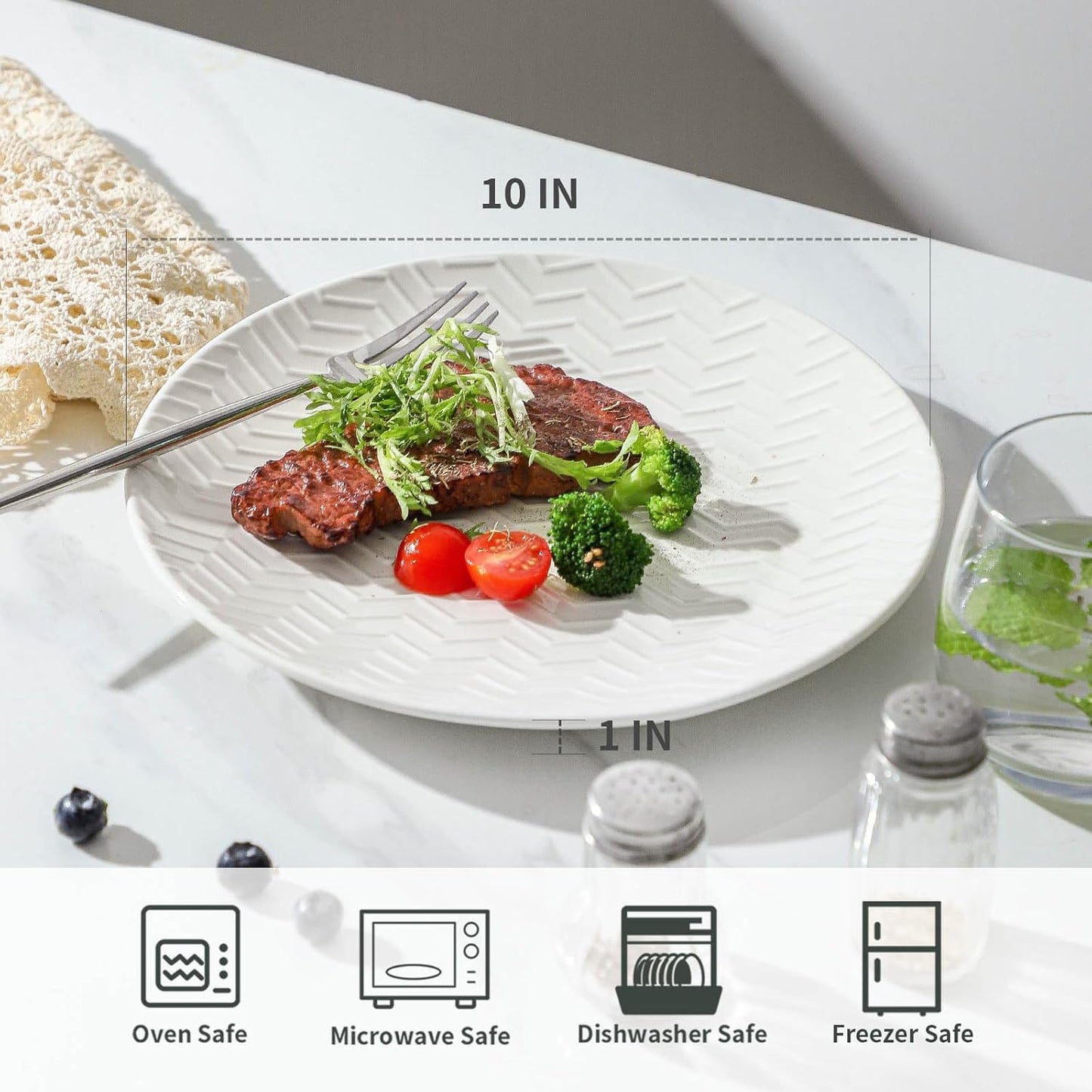 Hasense Dinner Plates, 10 Inch Ceramic Plates for Kitchen, Porcelain Serving Plate for Steak, Pasta, Home and Party, Embossed Set of 2, Microwave and Dishwasher Safe, White And Gray