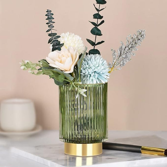 Glass Vase, Gold-Tone Metal Base, Flower Vase Decorative for Home Office Wedding Holiday Party Celebrate. Glass Plant Vase
