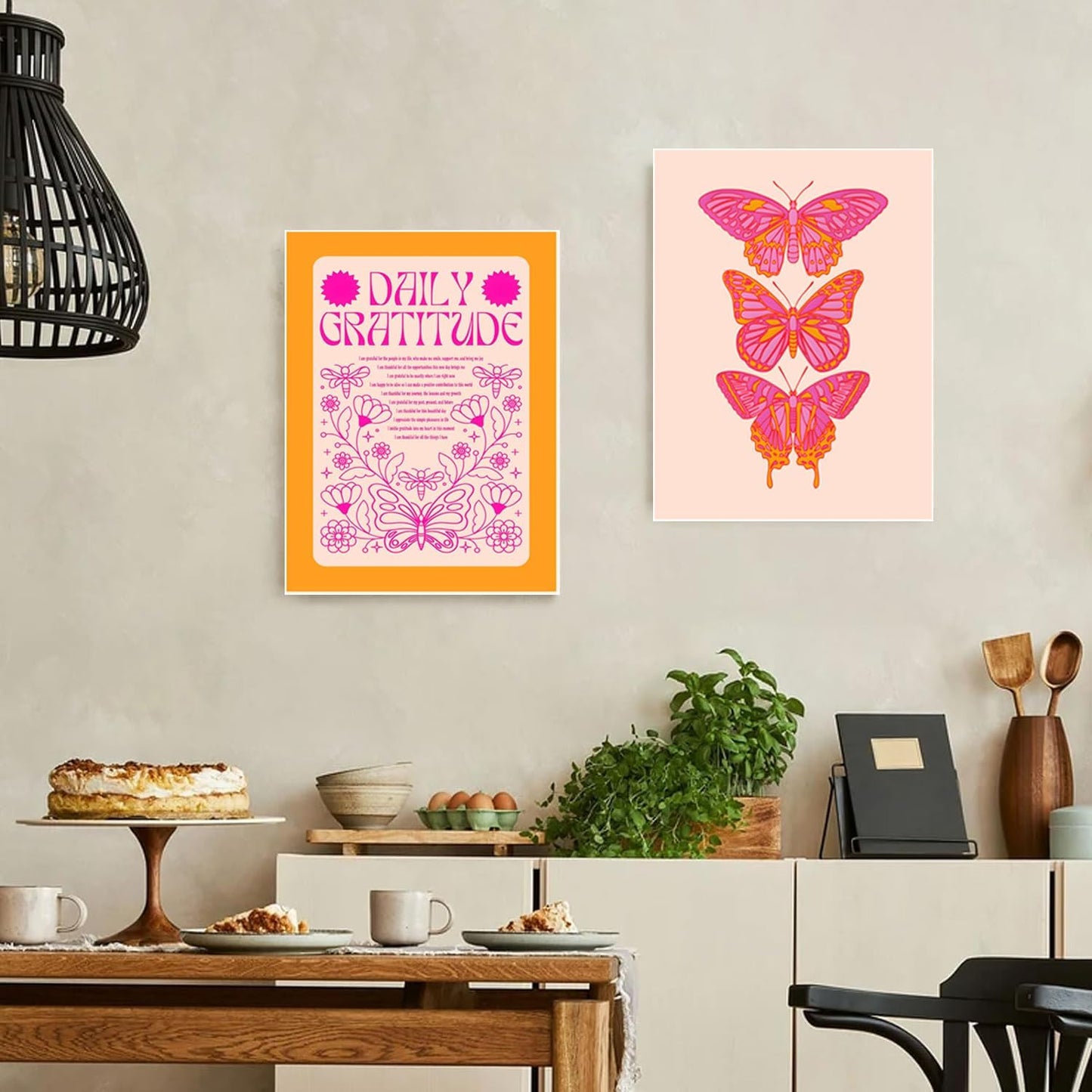 Hwetui Butterfly Wall Art Poster Set of 3 - Pink Orange Preppy Wall Decor Pictures, Daily Gratitude Paintings Prints Aesthetic Home Decor for Girls Bedroom Dorm Apartment 12x16 inch Unframed