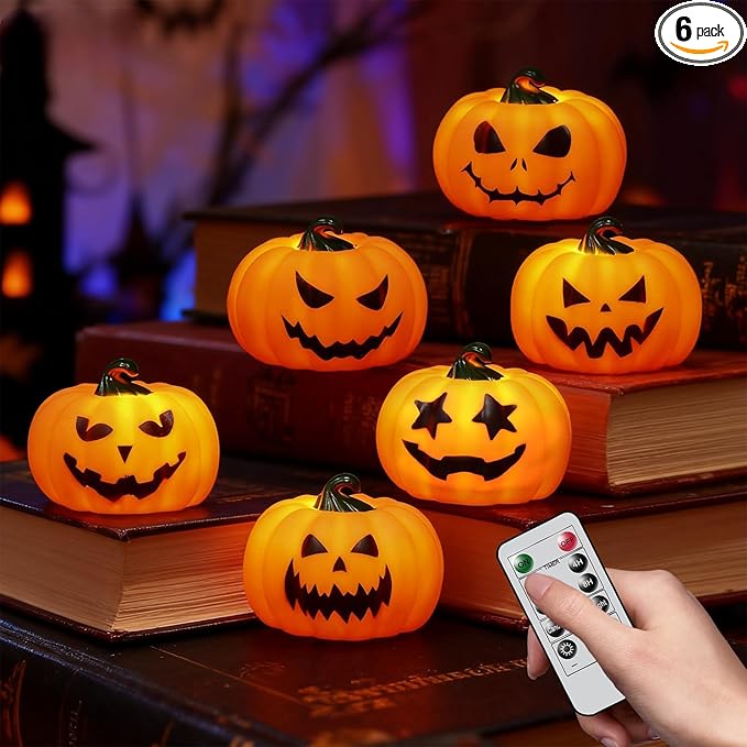 Wondise 6Pack Halloween Pumpkin Tea Lights with Remote and Timer, Battery Operated LED Orange Jack-O-Lantern Candles for Halloween Decor, Flameless Candles for Pumpkin Decorations