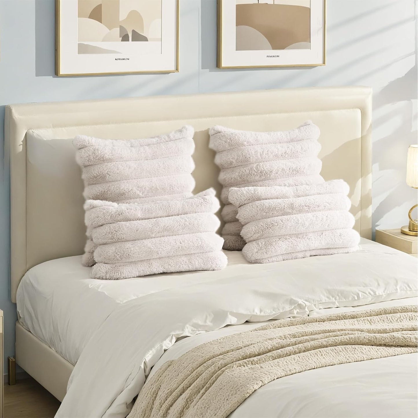 HAUSSY Faux Fur Throw Pillow Covers 20x20 Inch Set of 2,Decorative Striped Neutral Pillow Cases Soft Plush Couch Pillow Covers,Home Decor for Sofa,Bed, Living Room,Beige