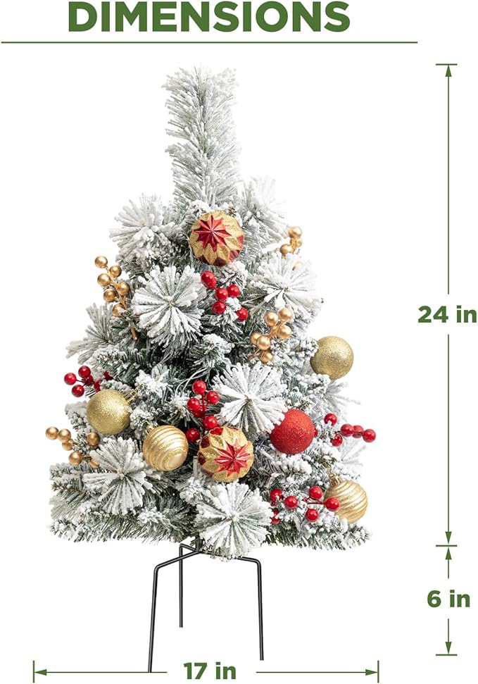 24'' Mini Artificial Christmas Tree with LED Lights and Faux Berrys, PreLit Snow Flocked Xmas White Trees, Christmas Porch Small Fake Trees for Outdoor, Home, Porch & Yard - Set of 2