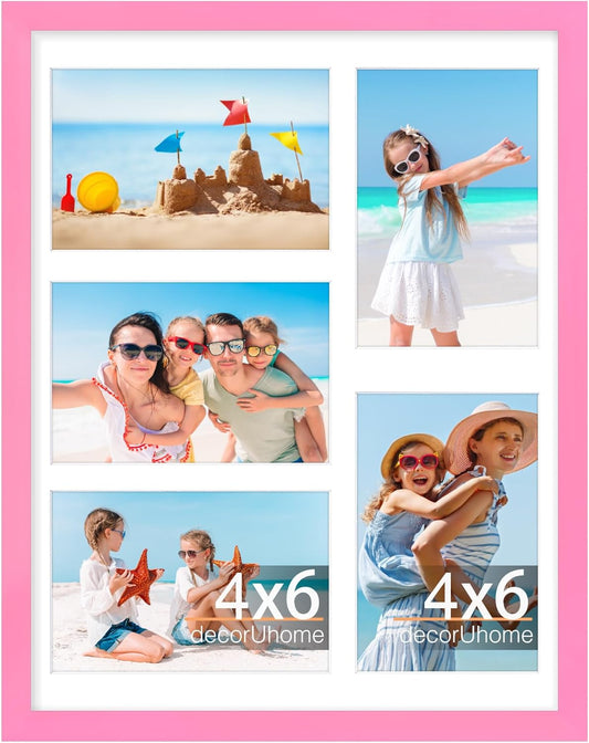 decorUhome 11x14 Picture Frames Collage Wall Decor, Display 5Pcs 4x6 Photos with Mat or 1Pcs 11x14 Unmatted, 5 4x6 Collage Picture Frames for Wall Mounting, Pink