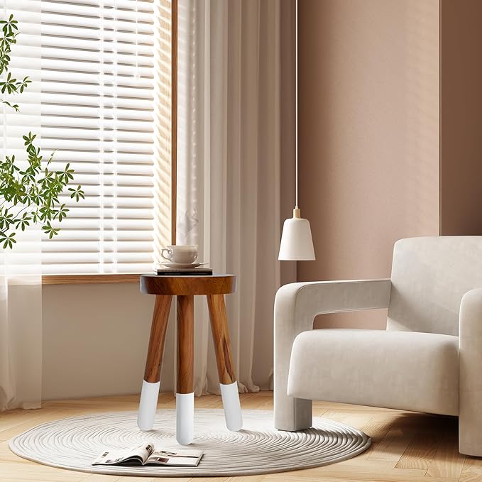 Teak Wood 9" Round Plant Stand |Dip Dyed Plant Stand |Accent Stool |Milking Stool |Bath Stool |Small Side Table (16" Tall White)