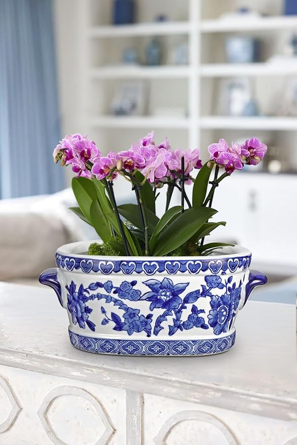 Blue and White Ceramic Planter Pot – Vintage Floral Oval Cachepot Vase for Indoor Plants, Flowers & Succulents – Glazed Chinese Porcelain Style Decorative Bowl – 7.4" or 10.6" Size – No Drainage