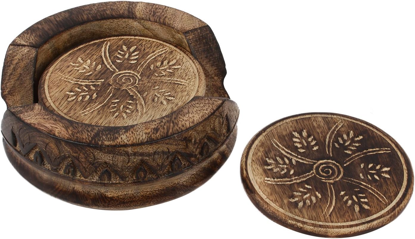 GoCraft Wooden Coasters Set of 6 | Handmade Drink Coasters with Lotus Shaped Holder in Rustic Wood Design Carving