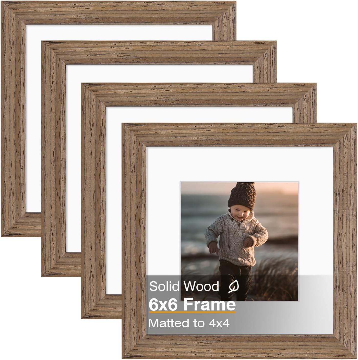 KINLINK 6x6 Picture Frame, Brown Square Solid Wood Frames for Pictures 4x4 with Mat or 6x6 without Mat, Wall and Tabletop Display Photo Frames Brown Wood 4 Pack