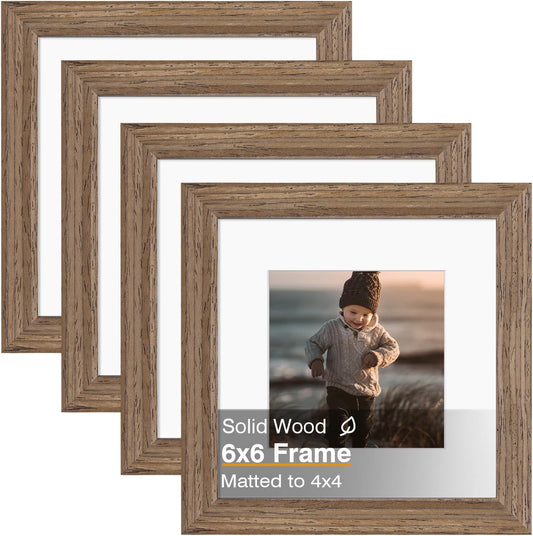 KINLINK 6x6 Picture Frame, Brown Square Solid Wood Frames for Pictures 4x4 with Mat or 6x6 without Mat, Wall and Tabletop Display Photo Frames Brown Wood 4 Pack
