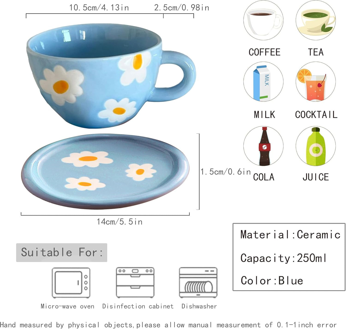 Coffee Mugs Set with Saucer Blue Flowers Cup Gifts for Women Birthday Tea Coffee Mug with Coaster 250 ML Ceramic Cup Birthday Gift for Women Girls Mom Friend Coffee Mug Tea Cup Saucer Set