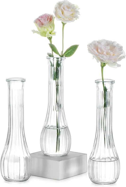 NUPTIO Glass Bud Vases Centerpiece: 3 Pcs Small Flower Vase for Wedding in Bulk - Cute Clear Ribbed Vase for Party Events Home Table Decor