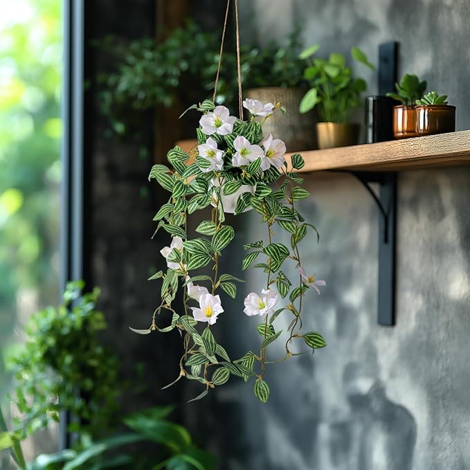 2PCS Artificial Hanging Plant with Pot Faux Hanging Plants Small Hanging Plants Pot with Artificial Vines and Flower Greenery Decoration for Living Room Wall Home Wall Shelf (Stripe White)