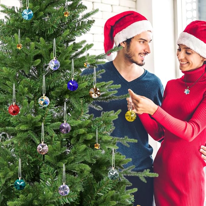 Worgree Crystal Christmas Ornaments Set, 16 Pcs Mini Colorful Crystal Glass Christmas Balls Ornaments for Xmas Tree Decorations Decorative Hanging Crystals Prism Ornaments for Wedding Party Home Decor