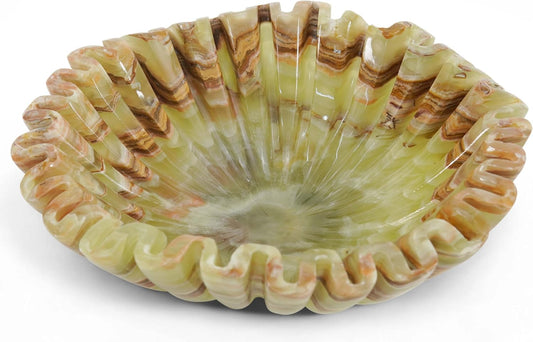 Marble Decorative Bowl 10 Inch Green Onyx Large Fruit Bowl for Kitchen Counter and Dining Table Centerpiece - Modern Stone Ruffle, Fluted and Scalloped Bowls for Home Decor