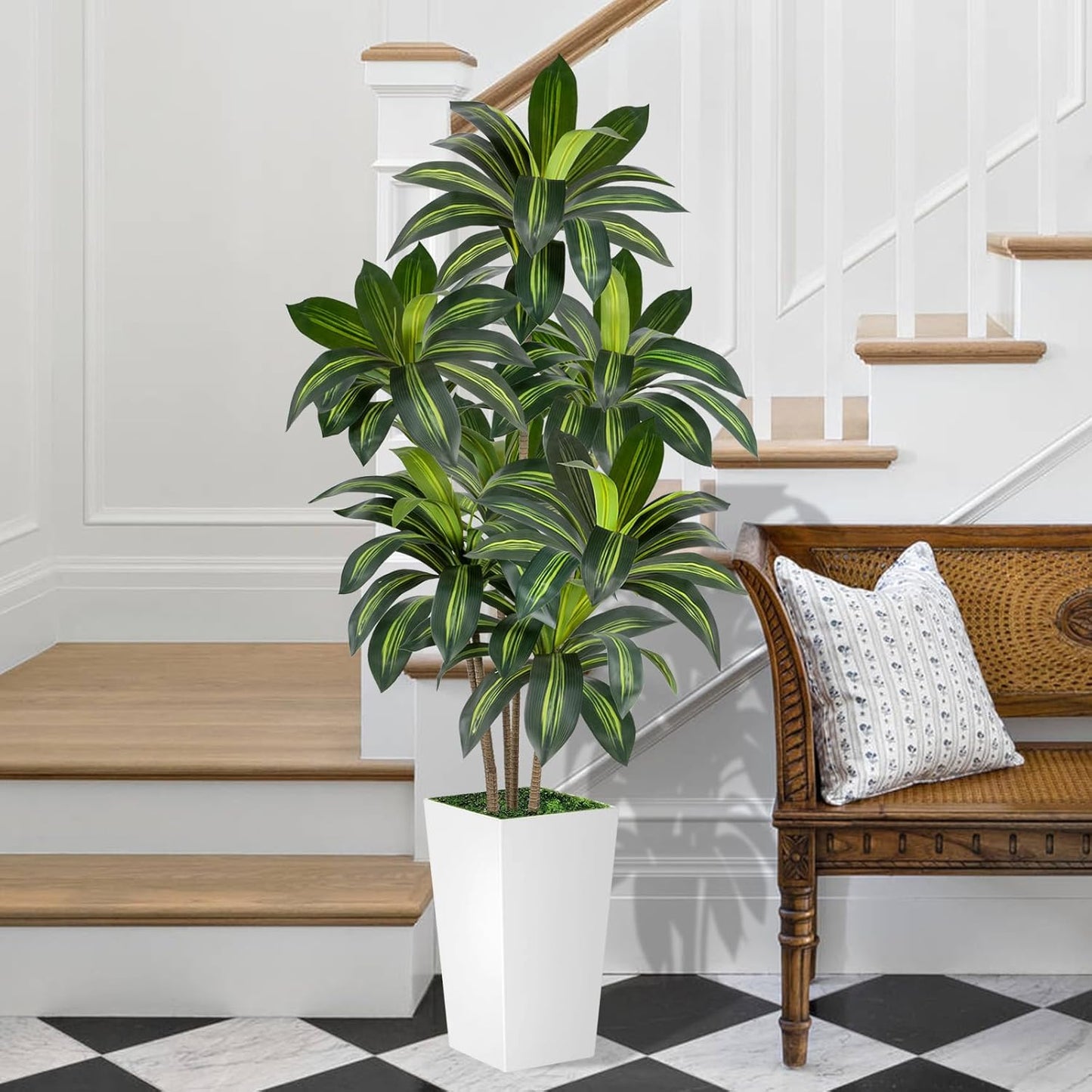 Dracaena Tree 6FT Artificial, 72in Tall Faux Dracaena Tree with 15.7 White Planter, Fake Potted Tree for Indoor & Outdoor Home Office Decor