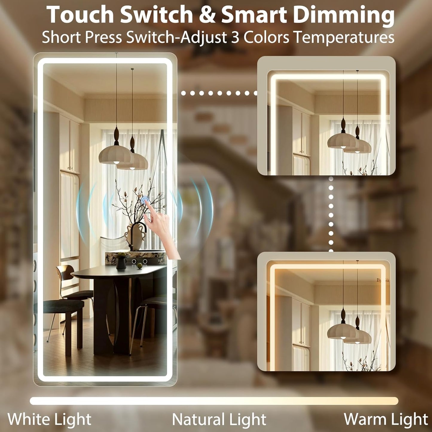 GLSLAND 65x26 LED Mirror Full Length, Aluminum Alloy Floor Mirrors with Lights, 3 Color Lighting & Dimming for Bedroom Decorative Wall Mounted, White