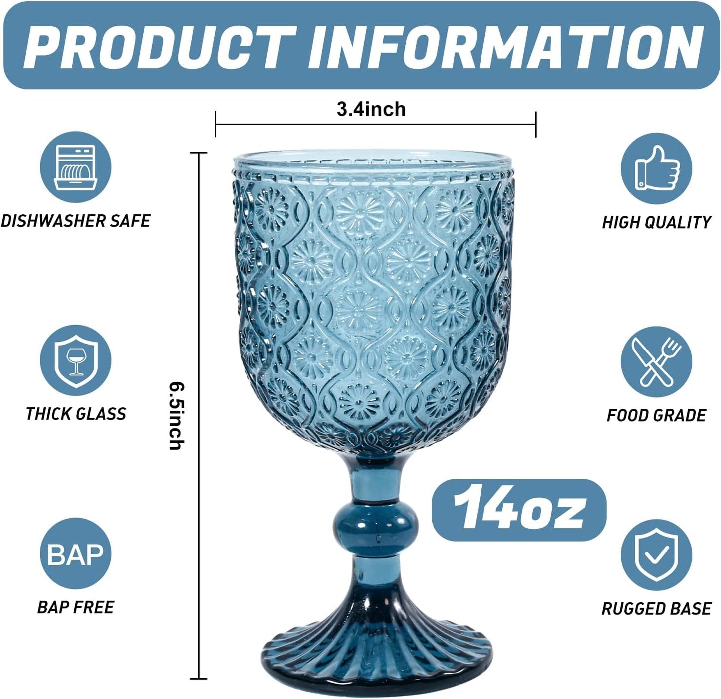 Colored Wine Glass Goblet Set of 6, 14 oz Blue Goblets Glassware, Blue Vintage Glassware for Weddings, Parties, Restaurants, Family Gatherings, Bars, Cafeterias, Dishwasher Safe