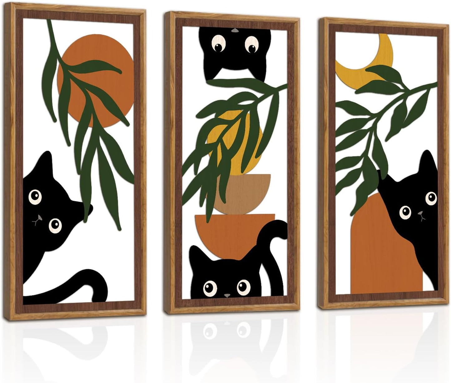 KAIRNE Boho Black Cat Wall Art,Green Leaves Wood Wall Decor Set of 3(16”X8”),Farmhouse Geometric Wooden Cat Wall Decor,Mid-Century Bohemian Moon Sun Design for Friends Family Bedroom Living Room Decor