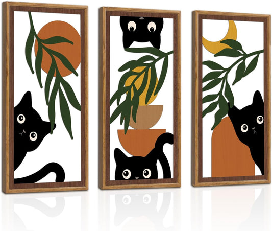 KAIRNE Boho Black Cat Wall Art,Green Leaves Wood Wall Decor Set of 3(16”X8”),Farmhouse Geometric Wooden Cat Wall Decor,Mid-Century Bohemian Moon Sun Design for Friends Family Bedroom Living Room Decor