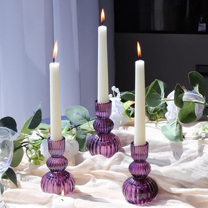 Woho Set of 6 Purple Taper Candle Holders 4.3" H for Halloween Decorations, Vintage Ribbed Glass Candlestick Holders for Wedding Table Centerpiece, Candle Sticks Holder Decor for Holiday Home Decor