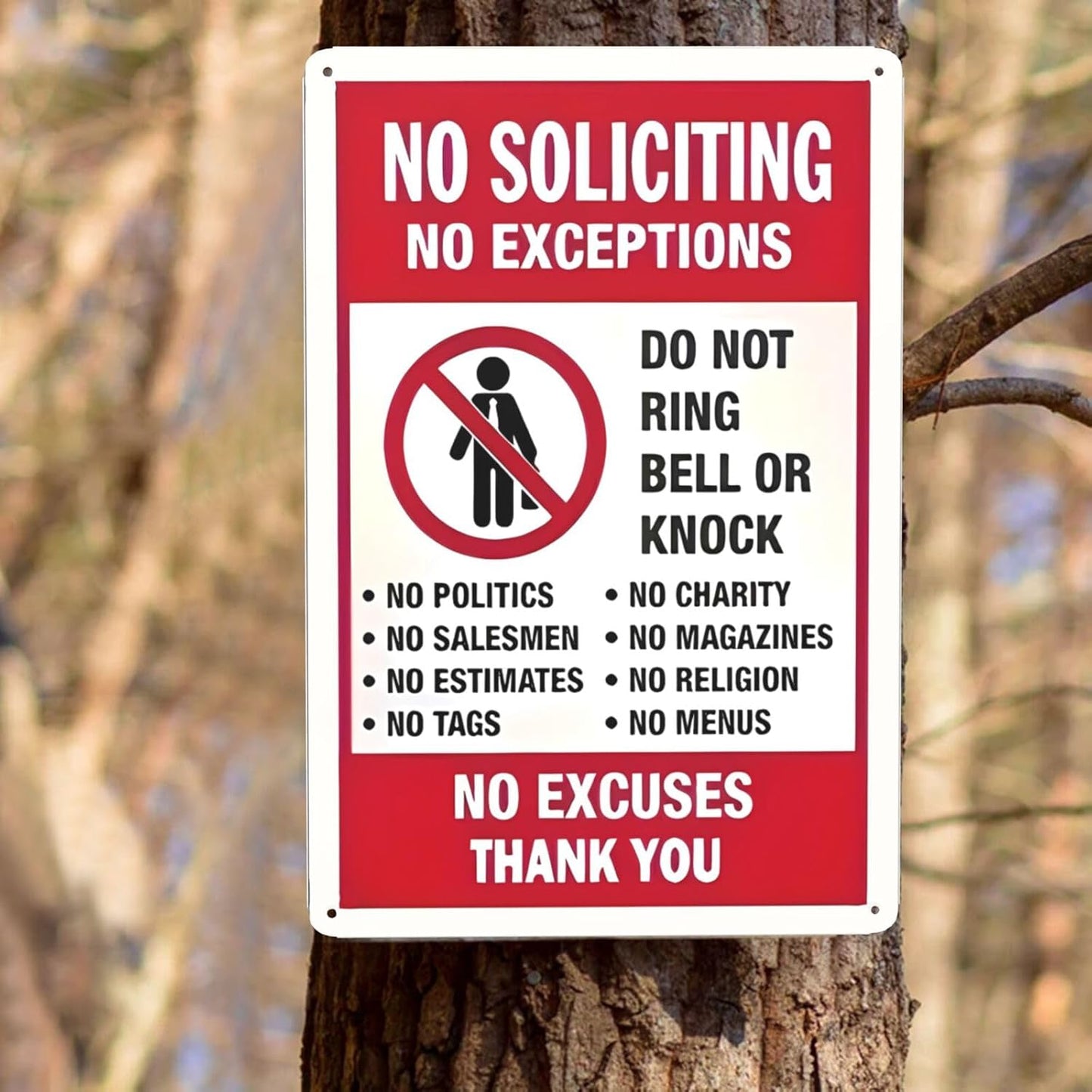Funny 'No Soliciting No Exceptions' Metal Sign - Rust-Free Aluminum, Weatherproof, Easy Install with Pre-Drilled Holes - for Home & Business Doors, 8"x12"