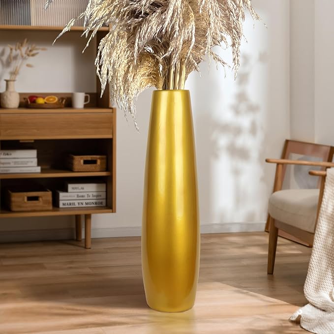 Gold Ceramic Tall Floor Vase,28 Inch Large Modern Flower Vases for Home Décor,Wicker Big Floor Vase Decorations for Farmhouse, Living Room,Bedroom,Standing Plastic Vase Decorative Tall