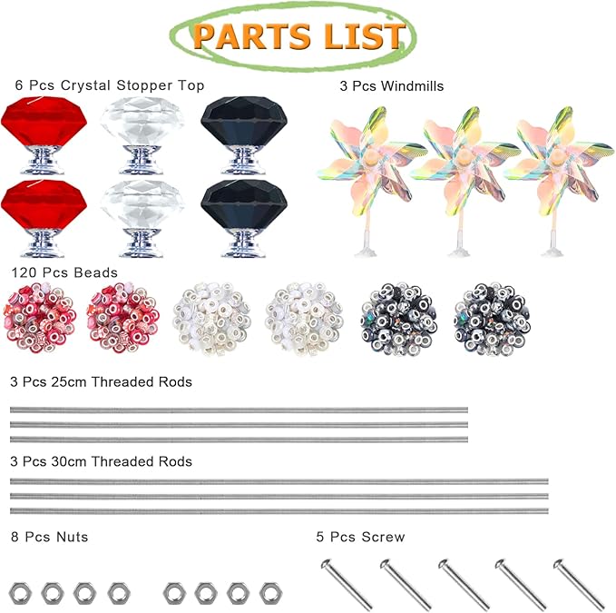 148 PCS Beaded Garden Stakes Kit, DIY Fairy Wand Garden Stake Beads Kits with Assortment Large Hole Beads 6 Crystal Stopper Top Threaded Rods and 3 Colored Small Windmills for Outdoor Indoor Decor