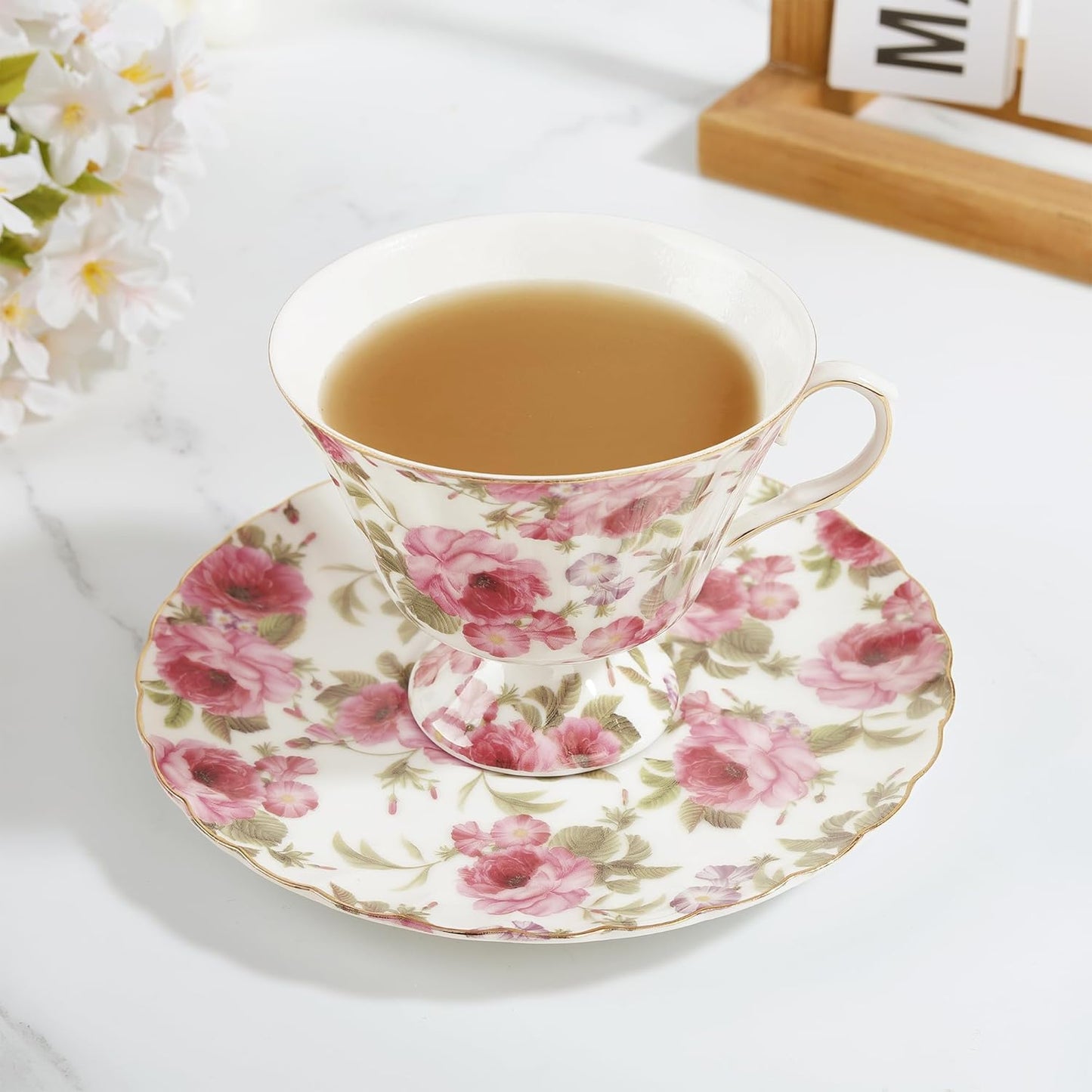 fanquare Rose Tea Cup and Saucer, Vintage Ceramic Tea Cups for Women Gift, Retro Floral Coffee Cup for Cappuccino Black Tea, 5oz