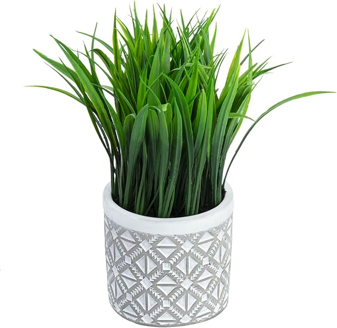 MyGift 9 Inch Artificial Green Grass Plants in Modern Concrete Pot with Geometric Embossed Pattern, Faux Greenery Plant Centerpiece Decorative Round Planter