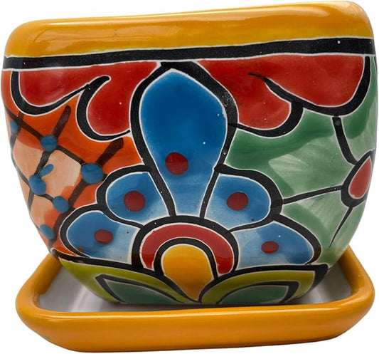 Talavera Square Planter Pot w/Saucer Folk Art Multicolor Mexican Pottery Home Decor Hand Painted Handmade Indoor Outdoor (Multi 9)
