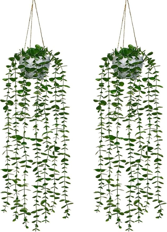 Dremisland Fake Hanging Plants with Pots 2Pack Faux Hanging Basket Plant Macrame Plant Hanger with Fake Vines Faux Hanging Planter for Wall Ceiling Home Bedroom Indoor Decor (Eucalyptus-2PCS)