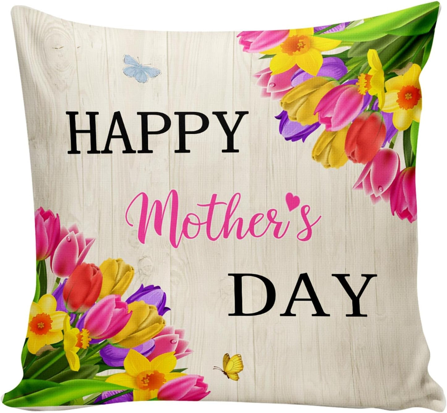 Happy Mother's Day Throw Pillow Cover，Tulip Flowers Love Mom Pillow Covers Farmhouse Decorative Cushion Case Sofa Pillow Case 18x18 Inch