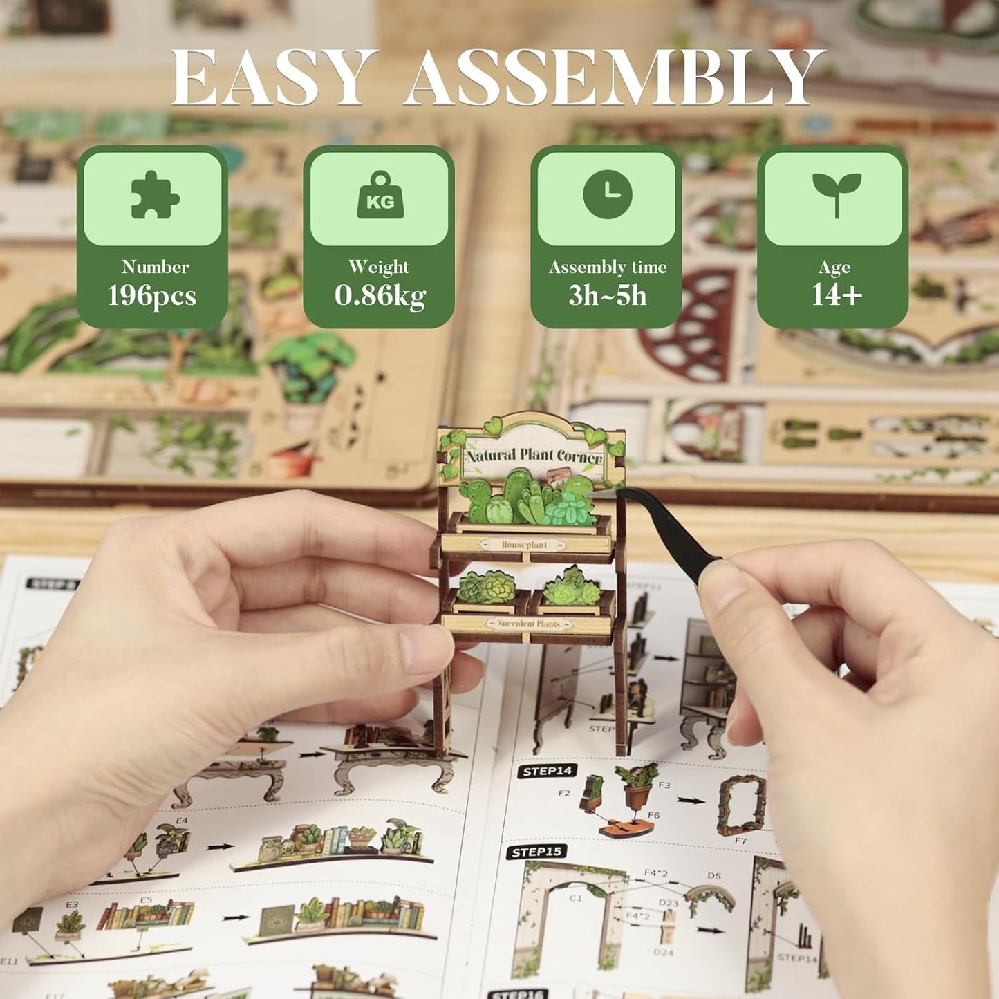 Fsolis Book Nook Kit, 3D Wooden Puzzles for Adults, 196 pcs, DIY Miniature Puzzle Room Kit Tiny House Bookshelf Decor Gifts for Women Teenagers Book Lovers (Green Life's Bookshop)