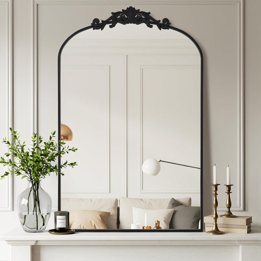 Filigree Arched Wall Mirror 26"x38" Retro Wall-Mounted Mirror with Vintage Ornate Carved Applique Hanging Leaning Antique Home Decor Mirror for Fireplace Living Room Entryway Hallway Bathroom, Black